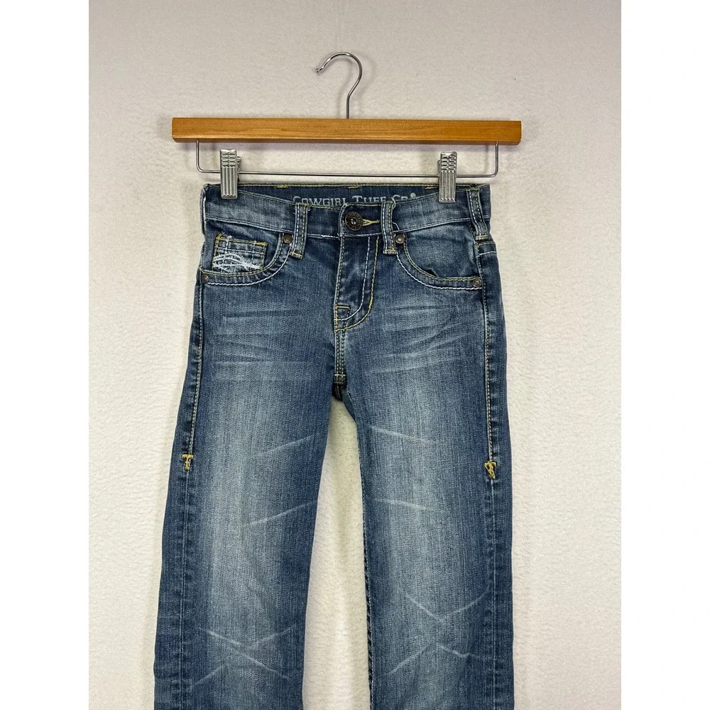 Western Cowgirl Tuff Co Kids 7 Blue Bootcut Embroidered Adjustable Waist Jeans‎